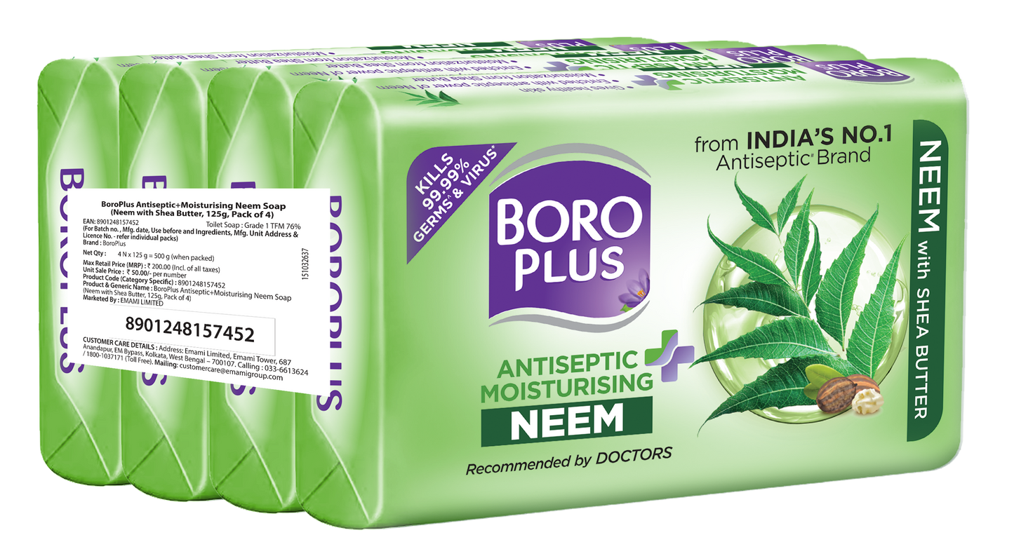 BoroPlus Antiseptic + Moisturing Soap- Neem, Pack of 4 (125g*4)
