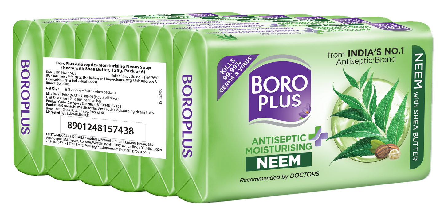 BoroPlus Antiseptic + Moisturing Soap- Neem, Pack of 6 (125g*6)