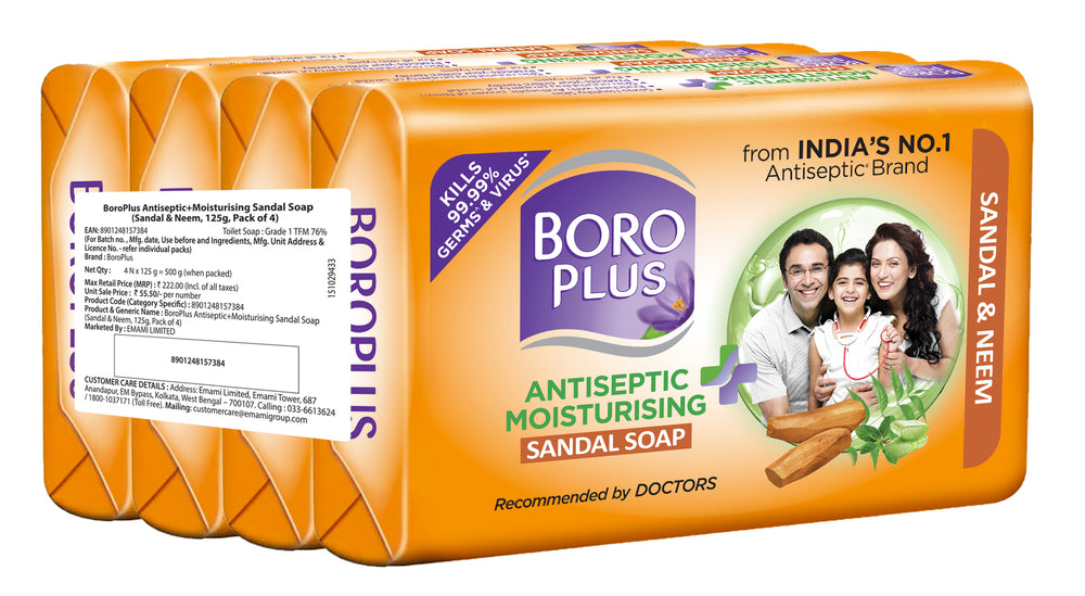 BoroPlus Antiseptic Moisturising Sandal Soap with Sandal & Neem (125gx4)